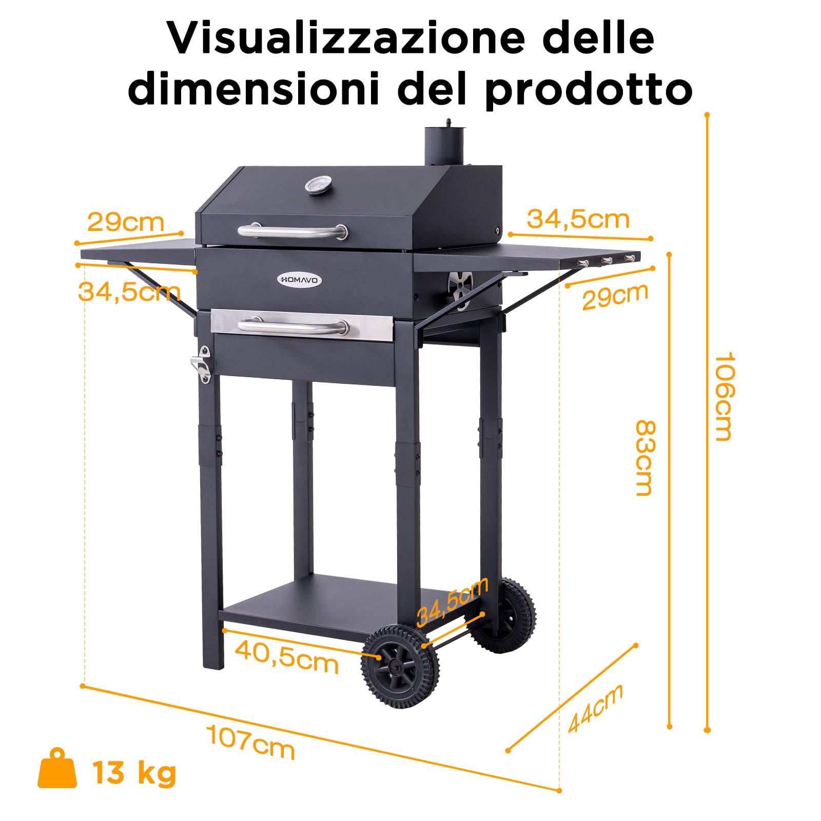 Barbecue a Carbonella, Barbecue con Coperchio, Superficie Cottura: 45×32 cm, Vassoio Carbone Regolabile in Altezza, Tavolino Laterale