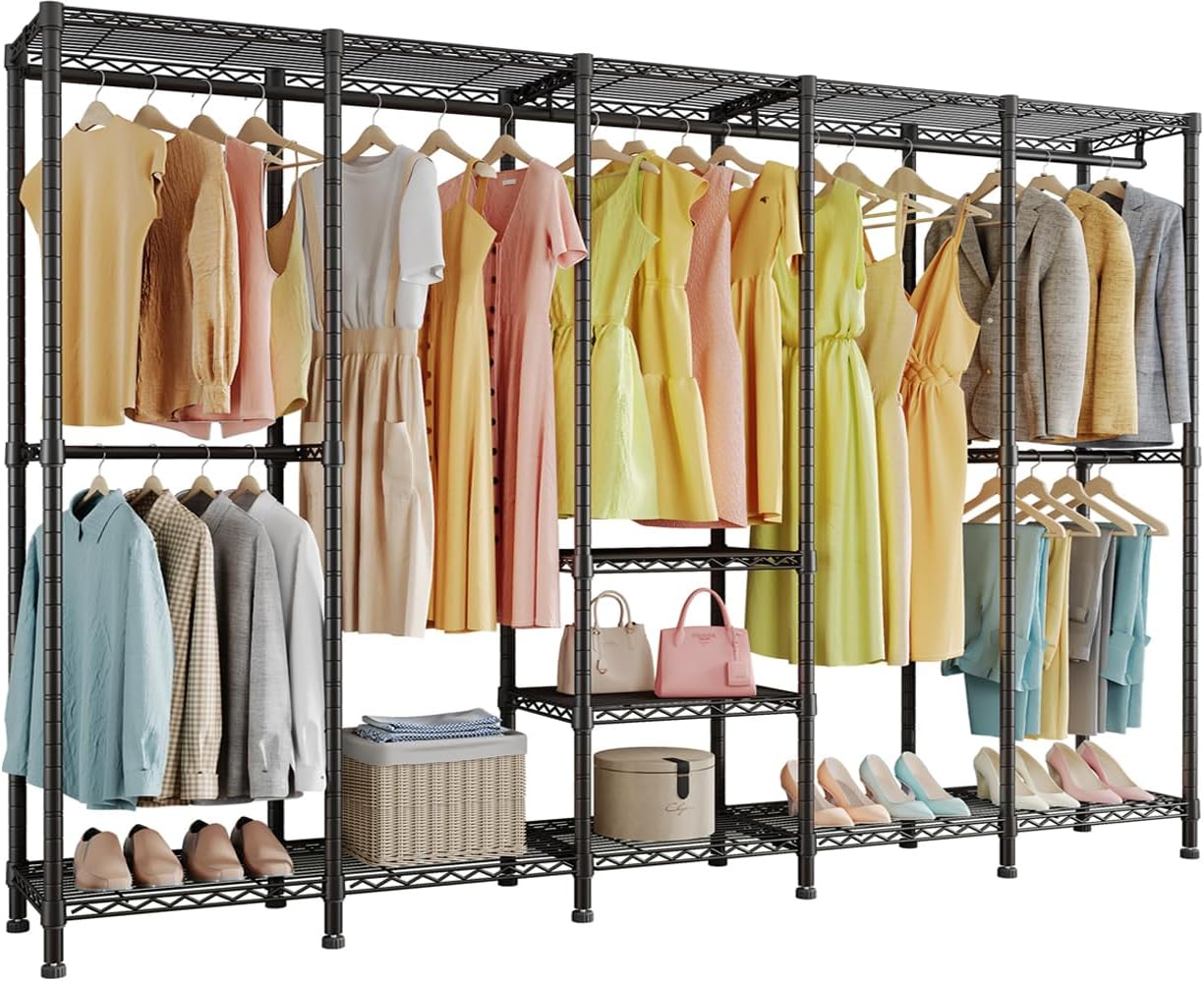 Higeego H5 Extra Large Wire Garment Rack, Heavy Duty Clothes Rack, Freestanding Clothing Rack for Hanging Clothes, Wardrobe Closet with Adjustable Shelf, 93.3" Wx15.7 Dx75.4 H, Black, Load 1400 lbs