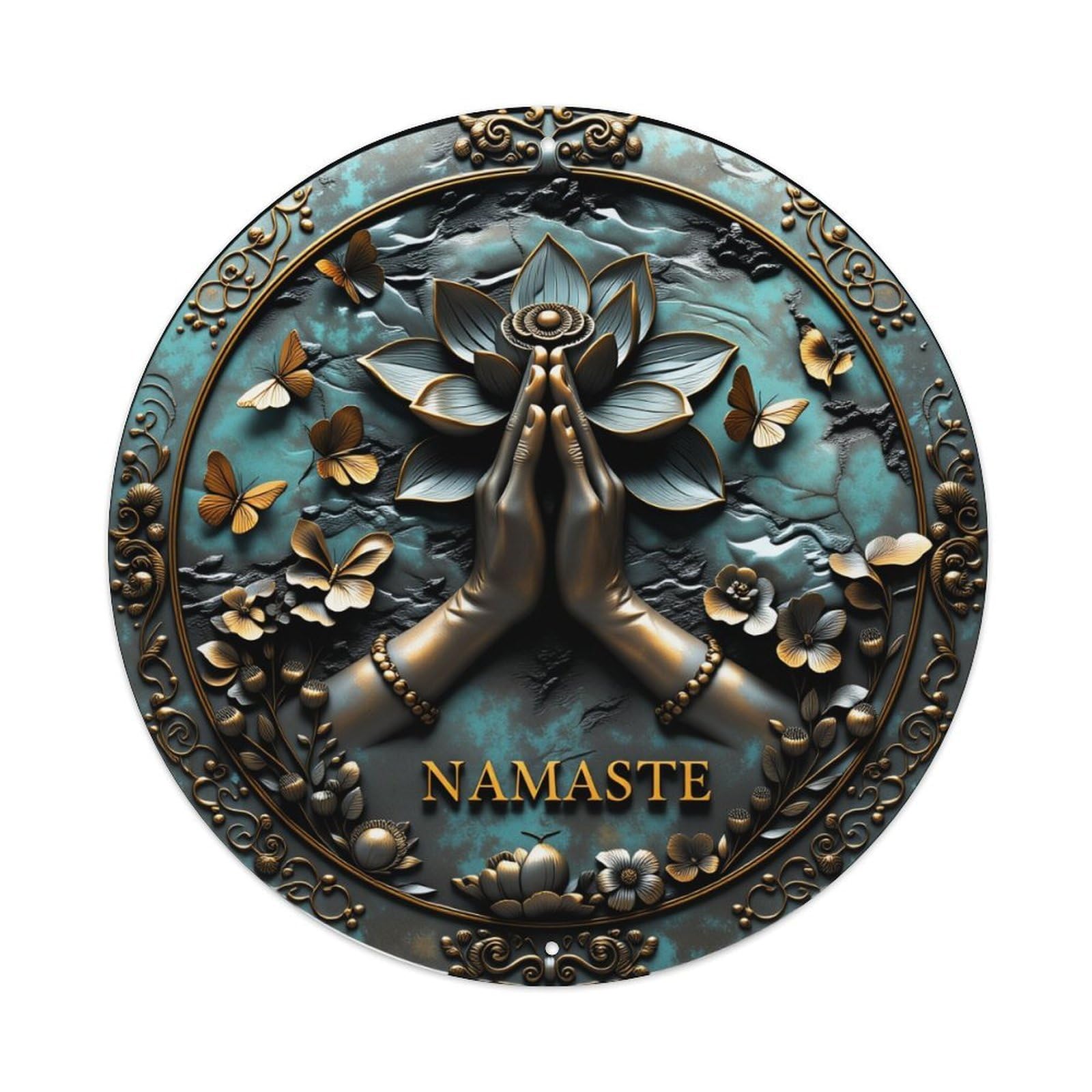 Namaste Hands Lotus Butterflies Flowers Metal Art Round Vintage Tin Sign,Retro Wall Art,Metal Poster for Home, Bar, Garage, Cafe, Rustic Indoor & Outdoor Decor, 8x8 Inches