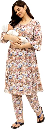 RITIJYA Polyester Feeding Kurta Pant Set for Women | Floral Anarkali Pregnancy Dress with Concealed Nursing Zipper Side Po...