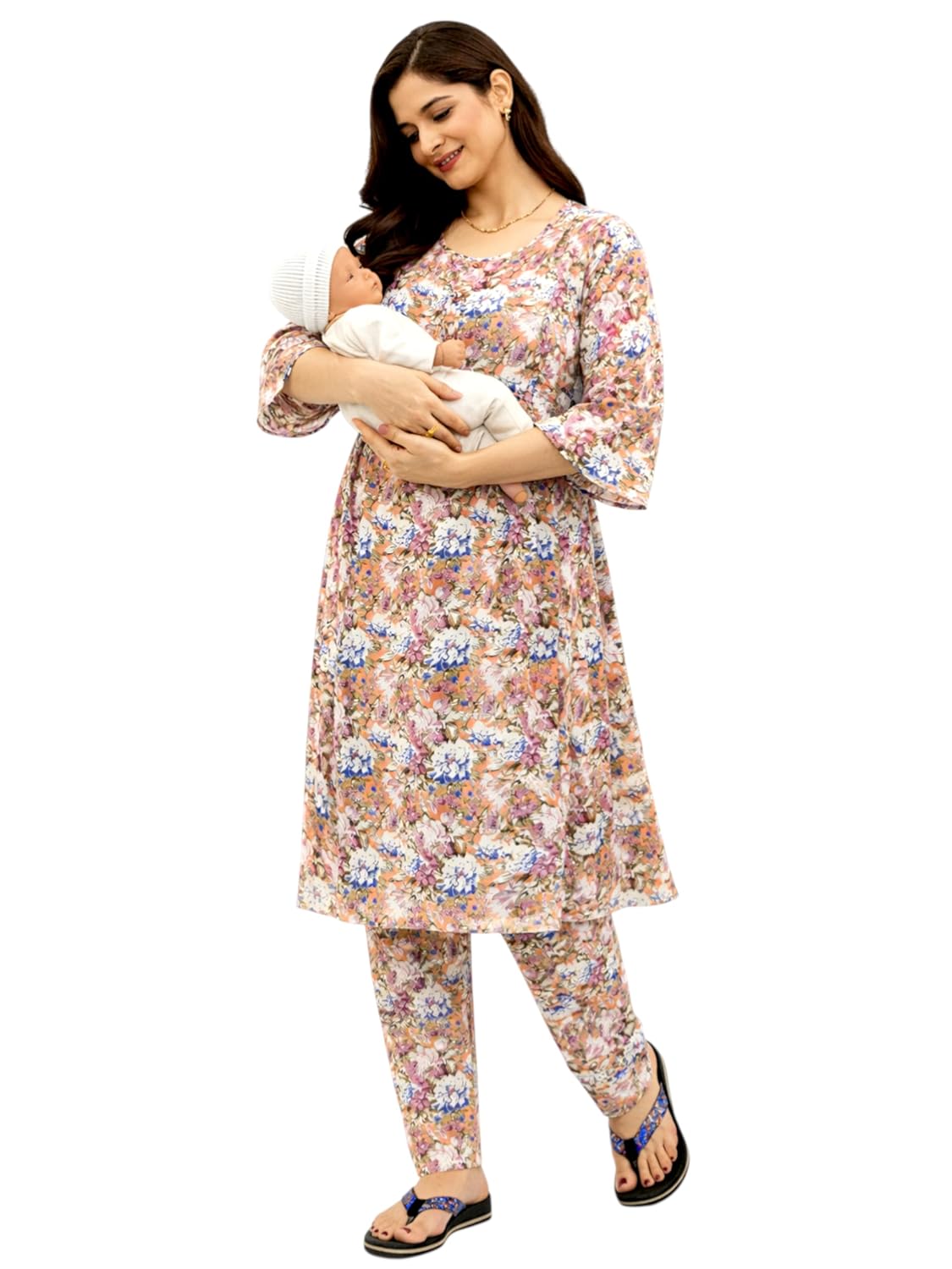 RITIJYA Polyester Feeding Kurta Pant Set for Women | Floral Anarkali Pregnancy Dress with Concealed Nursing Zipper Side Po...