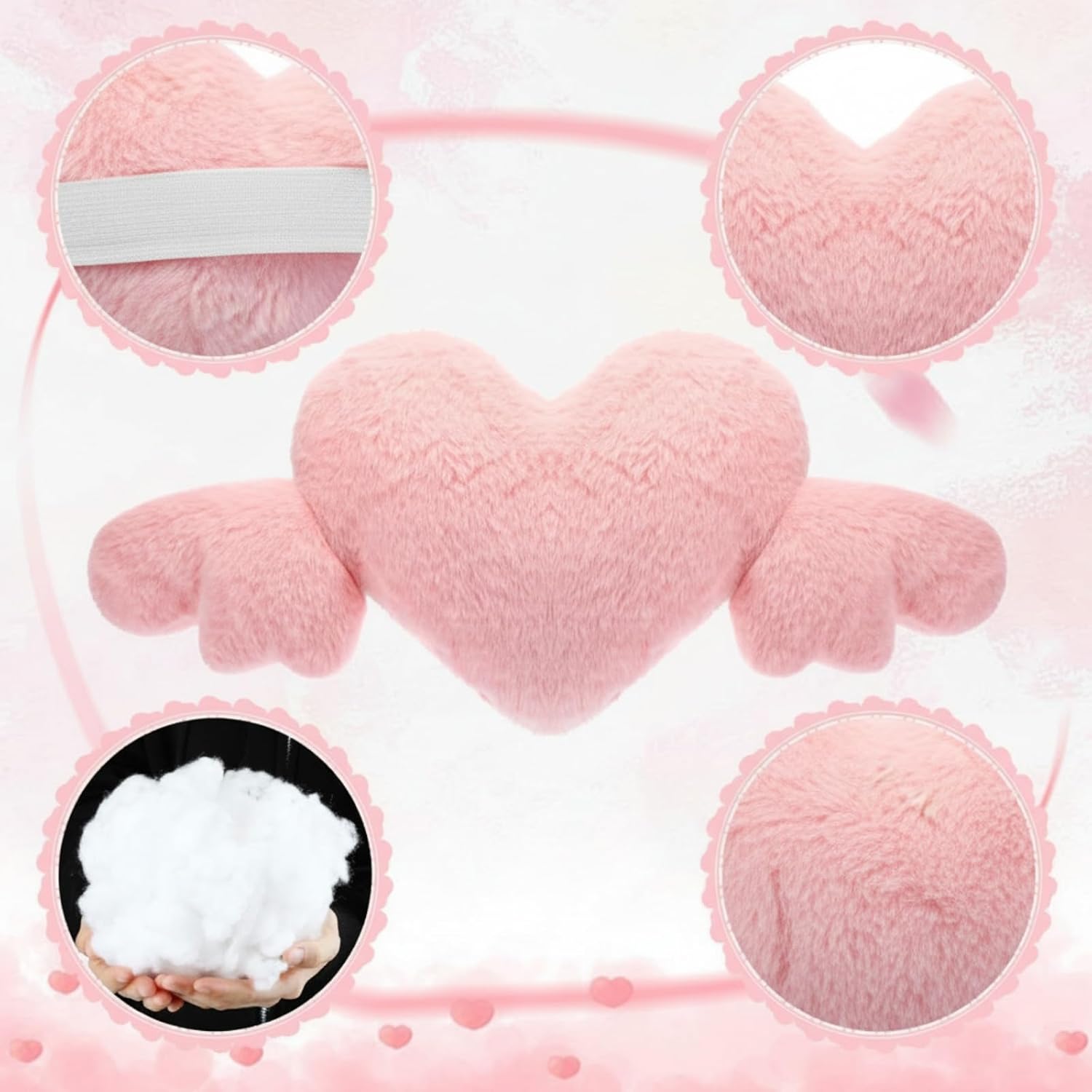 Macarrie 2 Pcs Plush Heart Shaped Pillow with Angel Wings Car Headrest Soft Comfortable Seat Pillow for Driving Travelling Room Office Car Decor, 19.7 x 8.3 Inch(Pink)
