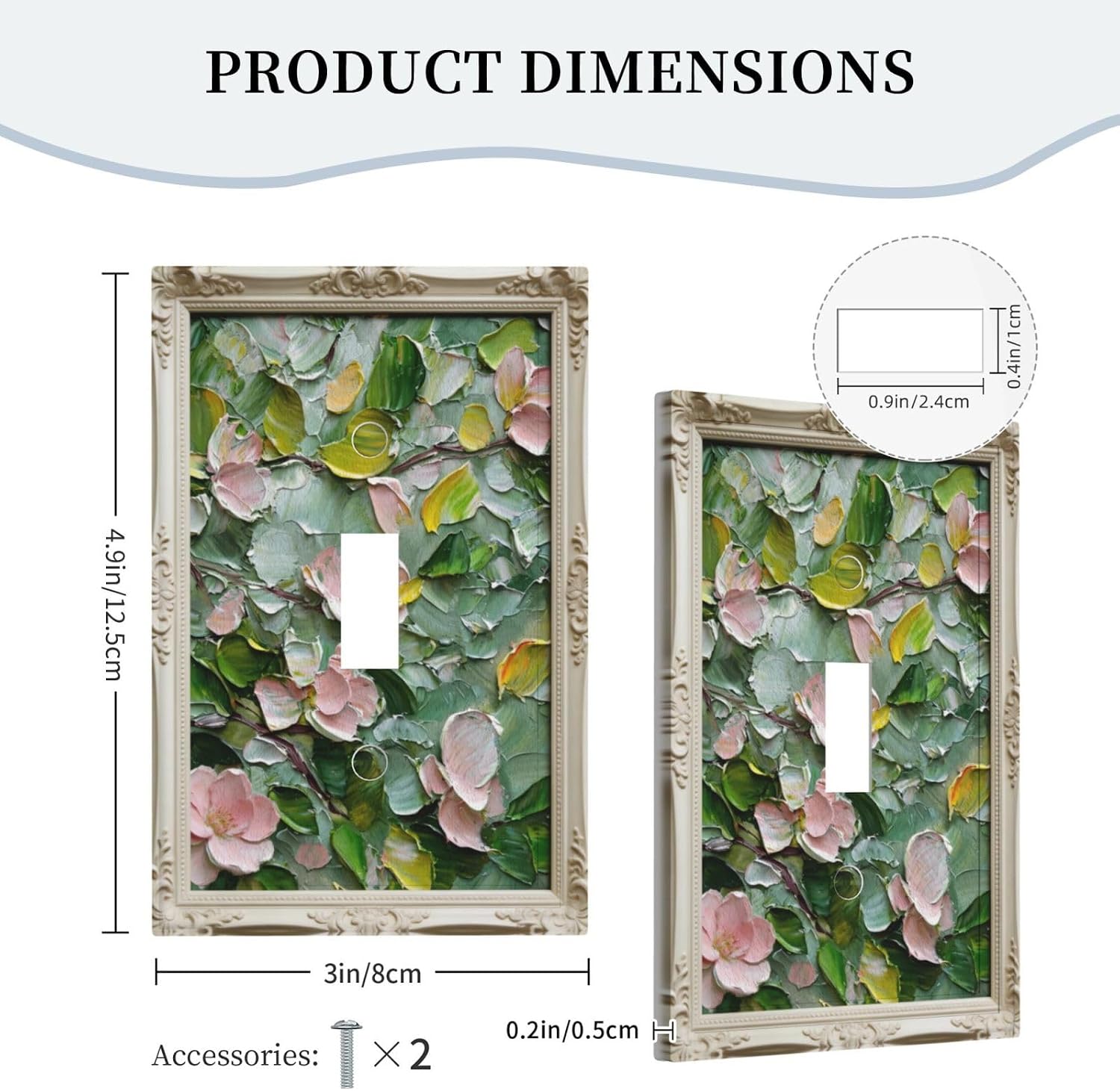 Rougui Vintage Camellia Floral Toggle Switch Plate Cover | Carved white frame, impasto pink camellia & green leaves. Fresh spring charm for bedroom, living room. Std toggle fit.