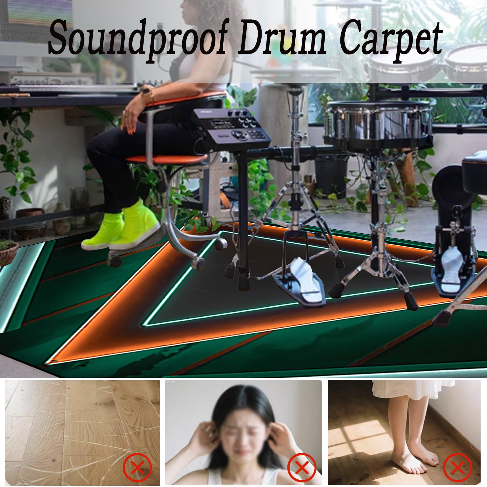 Schlagzeugteppich Drum Teppich Music Carpet Trommel Teppiche Innen und Außen, rutschfest Trommelteppich, Schallschutz Teppichmatte, Elektrisches Schlagzeug Teppich für Studio, Wohnung 180 x 140 cm