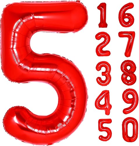 Globo rojo gigante del número 5 de 40 pulgadas, globos de aluminio de Mylar con helio para fiestas de cumpleaños, decoraciones de cumpleaños número