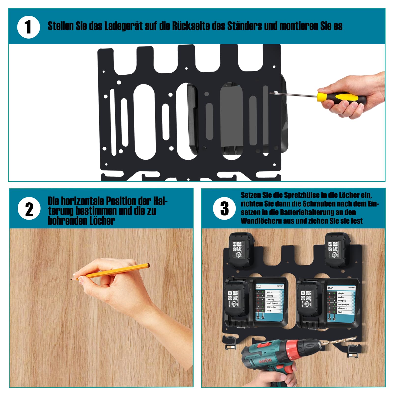Wandhalterung für Makita Akkus 18V/14,4V, Ladegeräte und Akku-Bohrschrauber,Makita wandhalterung für 4 Akkus+ 2 Ladegeräte + 4 Akku-Bohrmaschine,Ordnung in werkstatteinrichtung und garagen zubehör