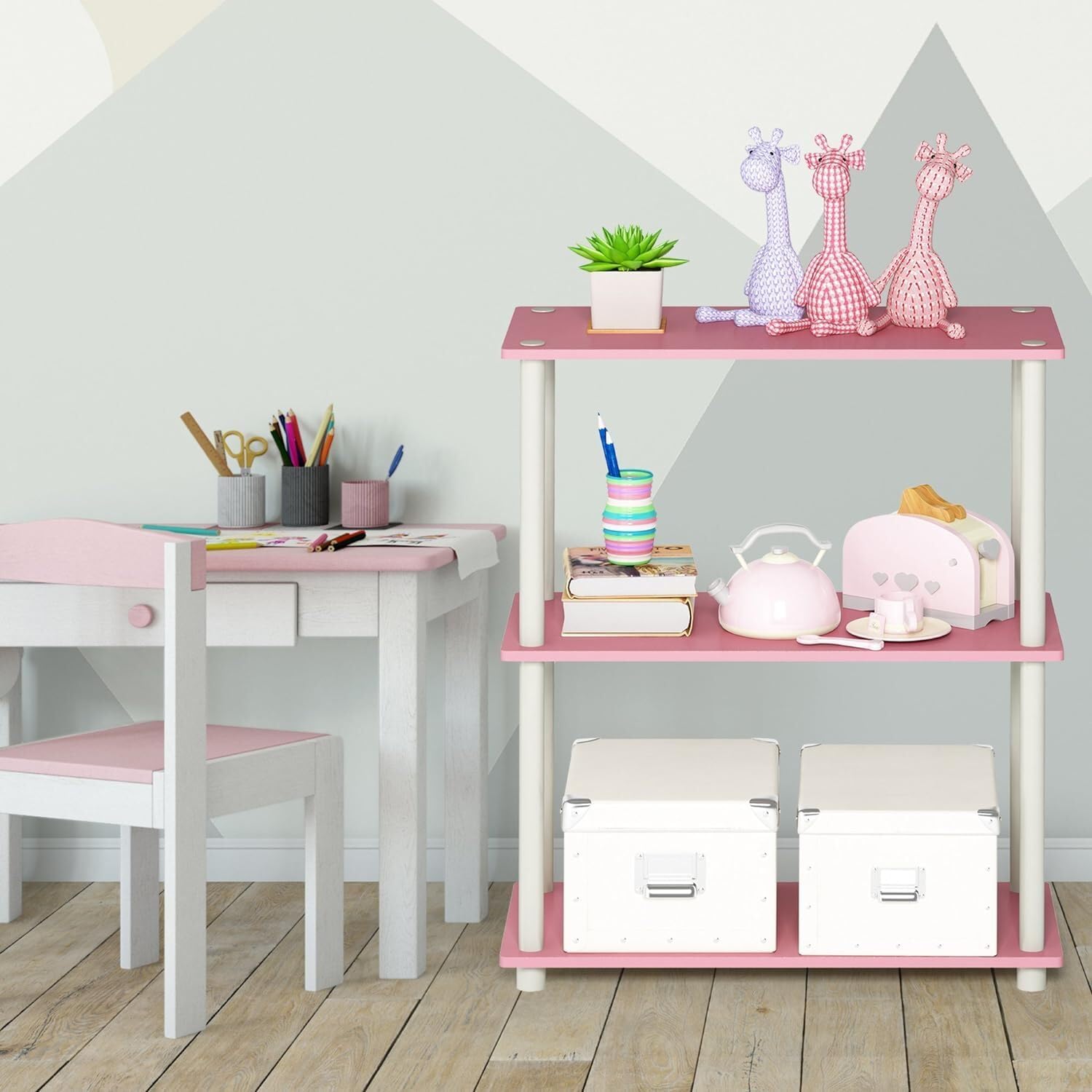 HomeStock Asian Aesthetics 3-Tier Multipurpose Shelf Display Rack 11.6D x 23.6W x 29.5H Inches Stylish Functional Easy No Tool Assembly Pink