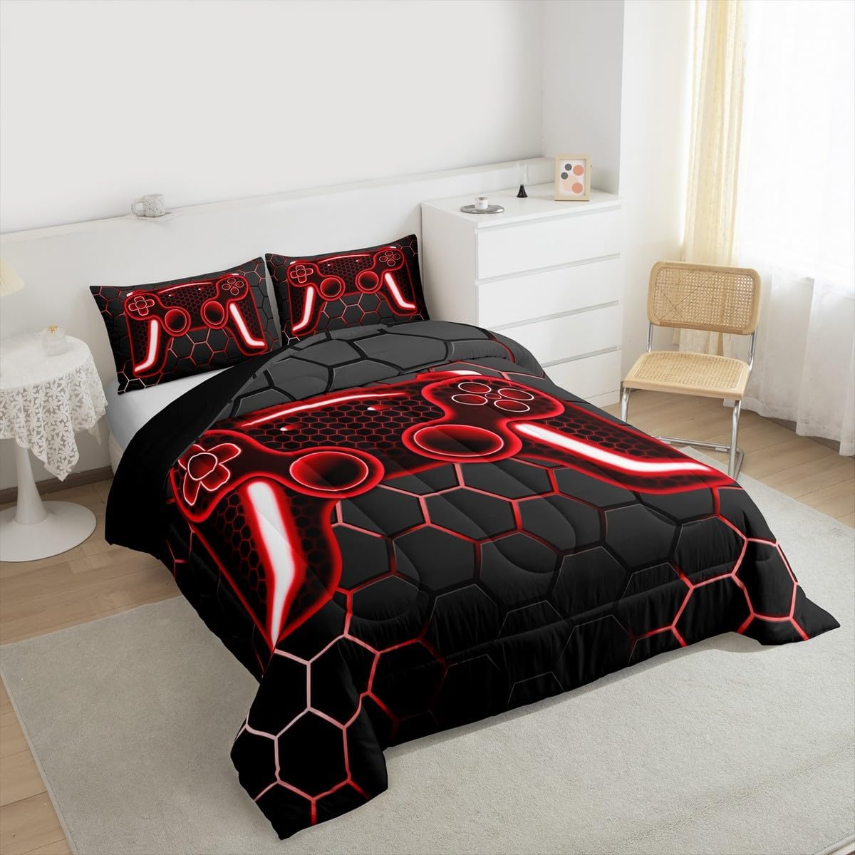 Erosebridal Gamer Bedding Set Black Red Gaming Twin Comforter Set for Boys Teen Honeycomb Game Console Teen Boy Bedding Video Game Room Decor,Neon Geometric Gamepad Quilt Soft Lightweight 2 Pcs