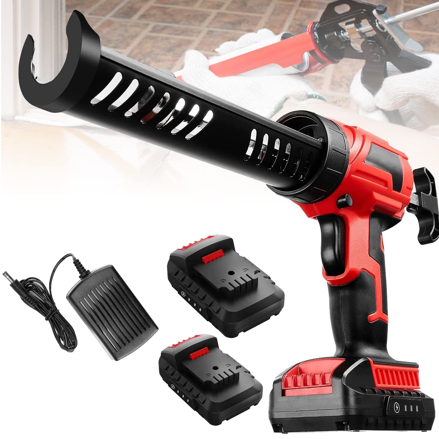 Pistola per Silicone Senza Fili, Kit Pistola elettrica per Mastice a 4 velocità Regolabili e Pistola Adesiva Pistola in Silicone per riempimento per Portatile per Riempimento,2battery