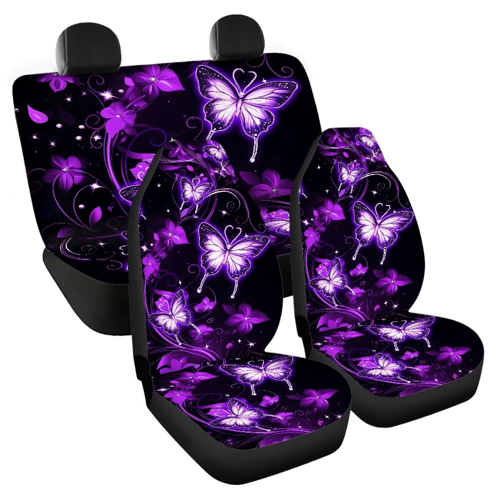 Galaxy Schmetterling Autositzbedeckung Set für Vorder- und Rückfrauen Stretchy Geteilter Sitzbezug Universal-Fahrzeug-Eimer-Sitzpad Vollständiges Set 4 Stück Auto Innenraum Zubehör Set