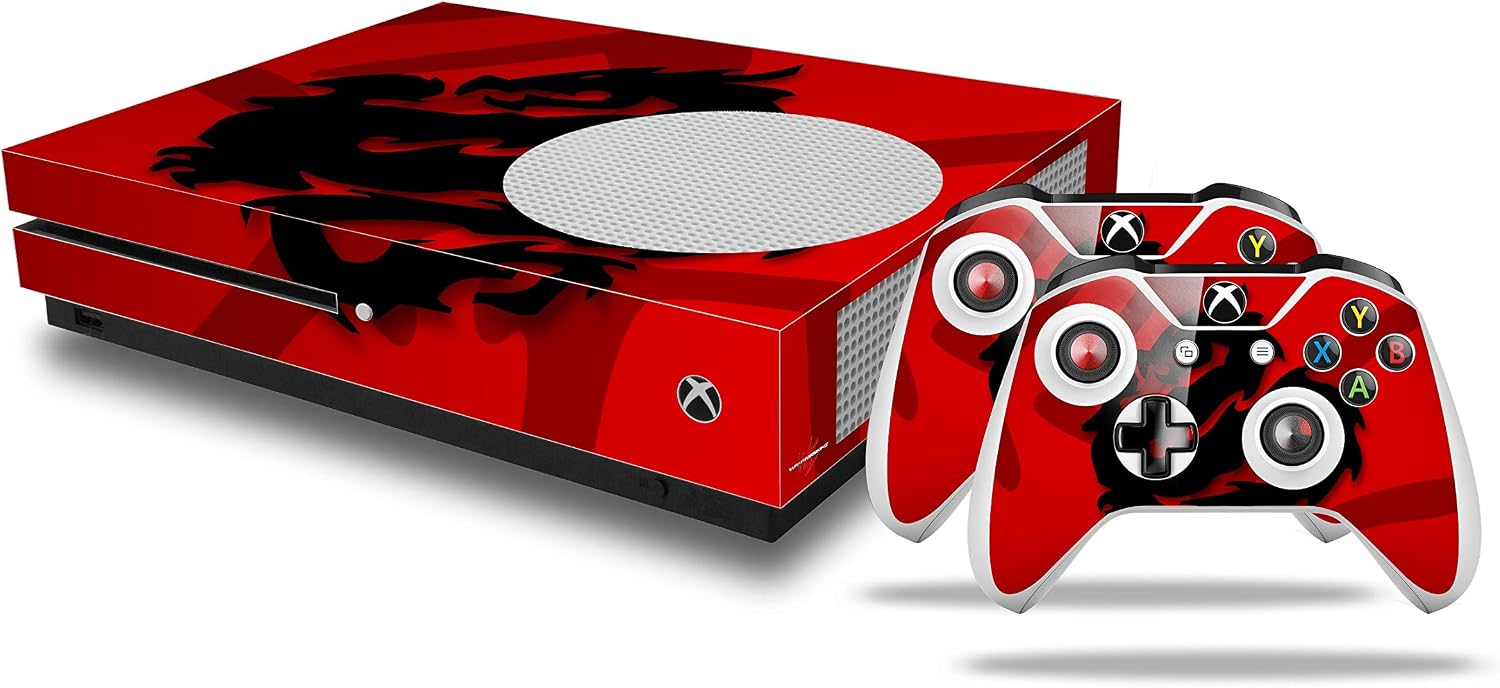 Decal Vinyl Skin Wrap Compatible with Xbox One S Console and Controllers - Oriental Dragon Black on Red