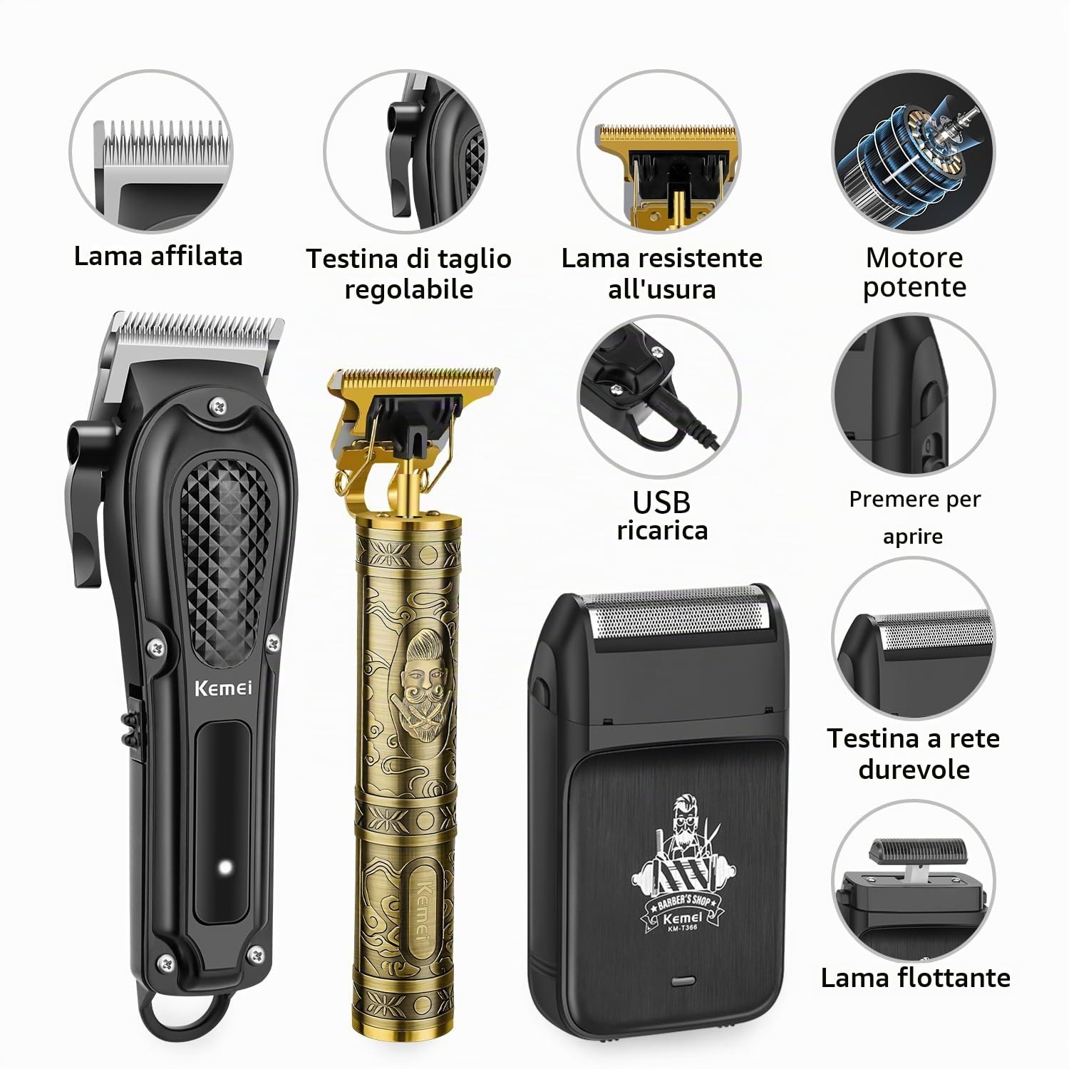 KEMEI Tagliacapelli da uomo, rasoio per barba, set di rasoi per uomo | Kit tagliacapelli senza fili per barbiere, rasoio ricaricabile