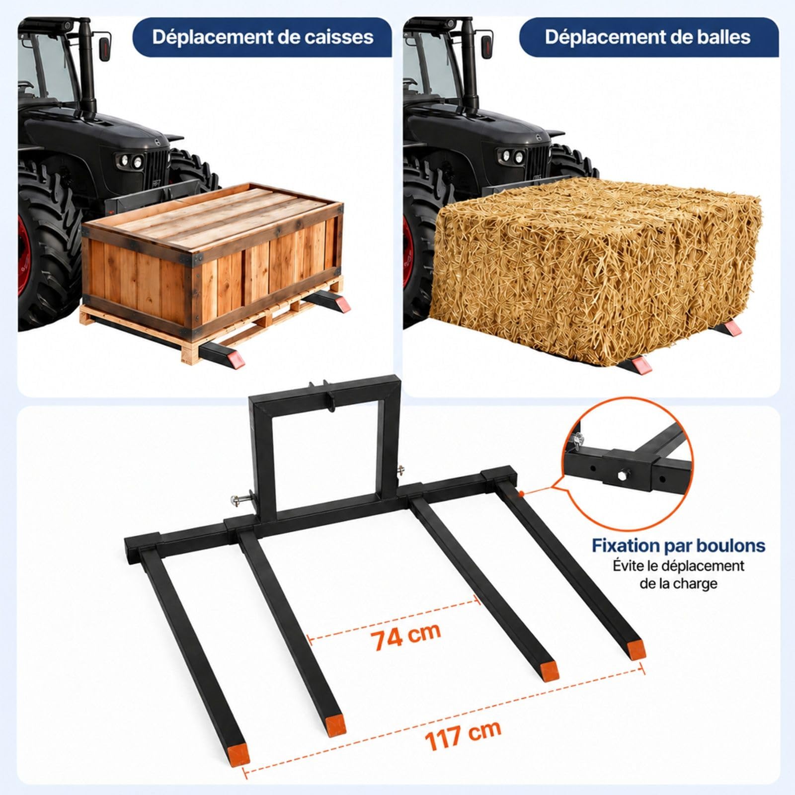 Fourches à palettes pour tracteur, attelage 3 points, capacité 680 kg, largeur réglable, fixation rapide, usage agricole