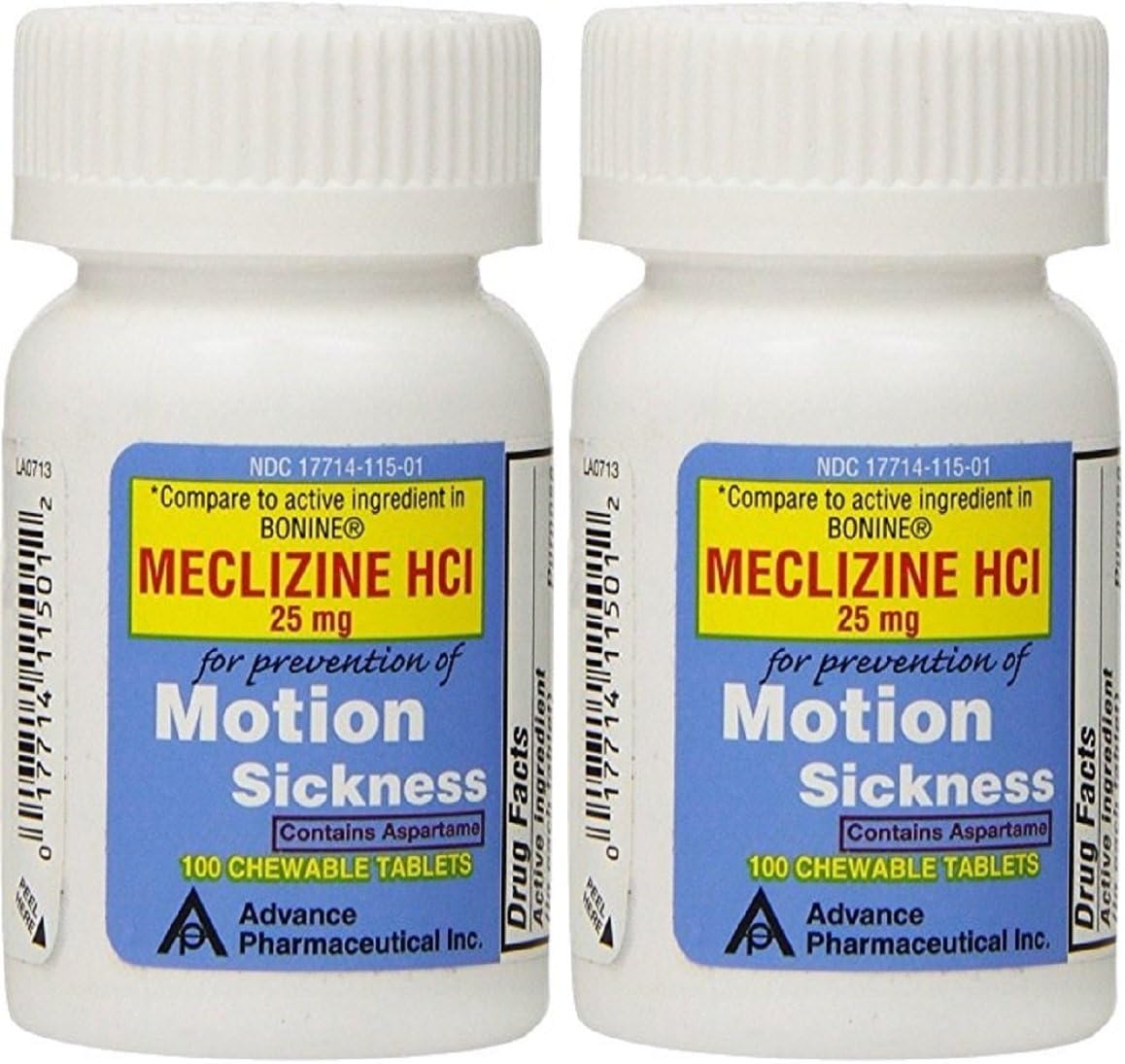 Meclizine 25 mg Generic for Bonine Chewable Tablets for Prevention of Motion Sickness and Anti-Nausea 100 Tablets per Bottle Pack of 2 Total 200 Tablets