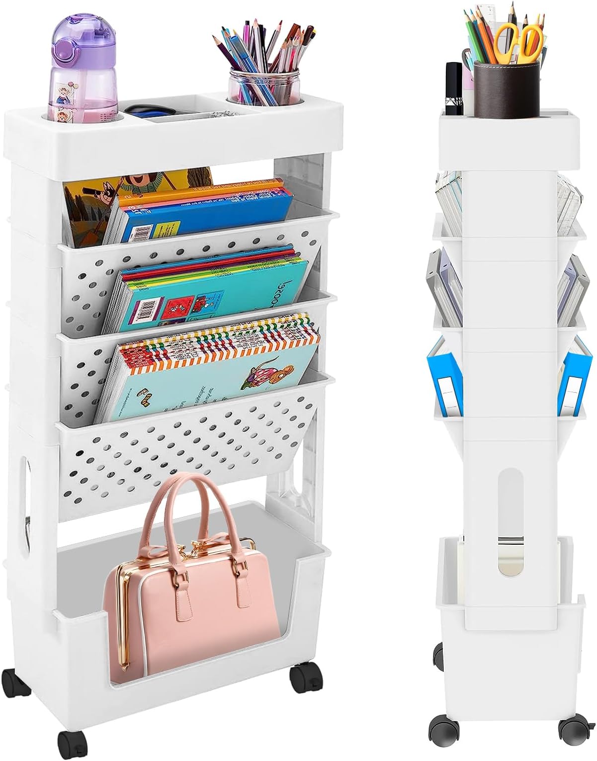 Mobile Bookshelf with Wheels, 5 Tier Multi-Functional Rolling Utility Cart with Pen Holder for Office, Dorm, Classroom, Kitchen, White*1pack