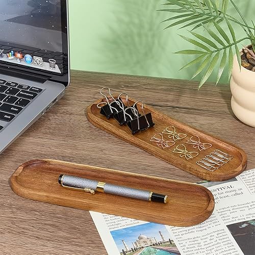 Miniatura 4 de OLYCRAFT 2Pcs Wooden Pen Tray Brown Pens Tray Minimalist Pen Rest Oval Wooden Pens Trays Acacia Wood Pencil Trays Wood Desk Accessories for Home