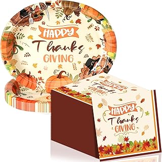 50Pcs Thanksgiving Large 12" x 10" Oval Paper Plates and Napkins Disposable Heavy Duty Paper Plates and Napkins for Thanksgiving Party Supplies
