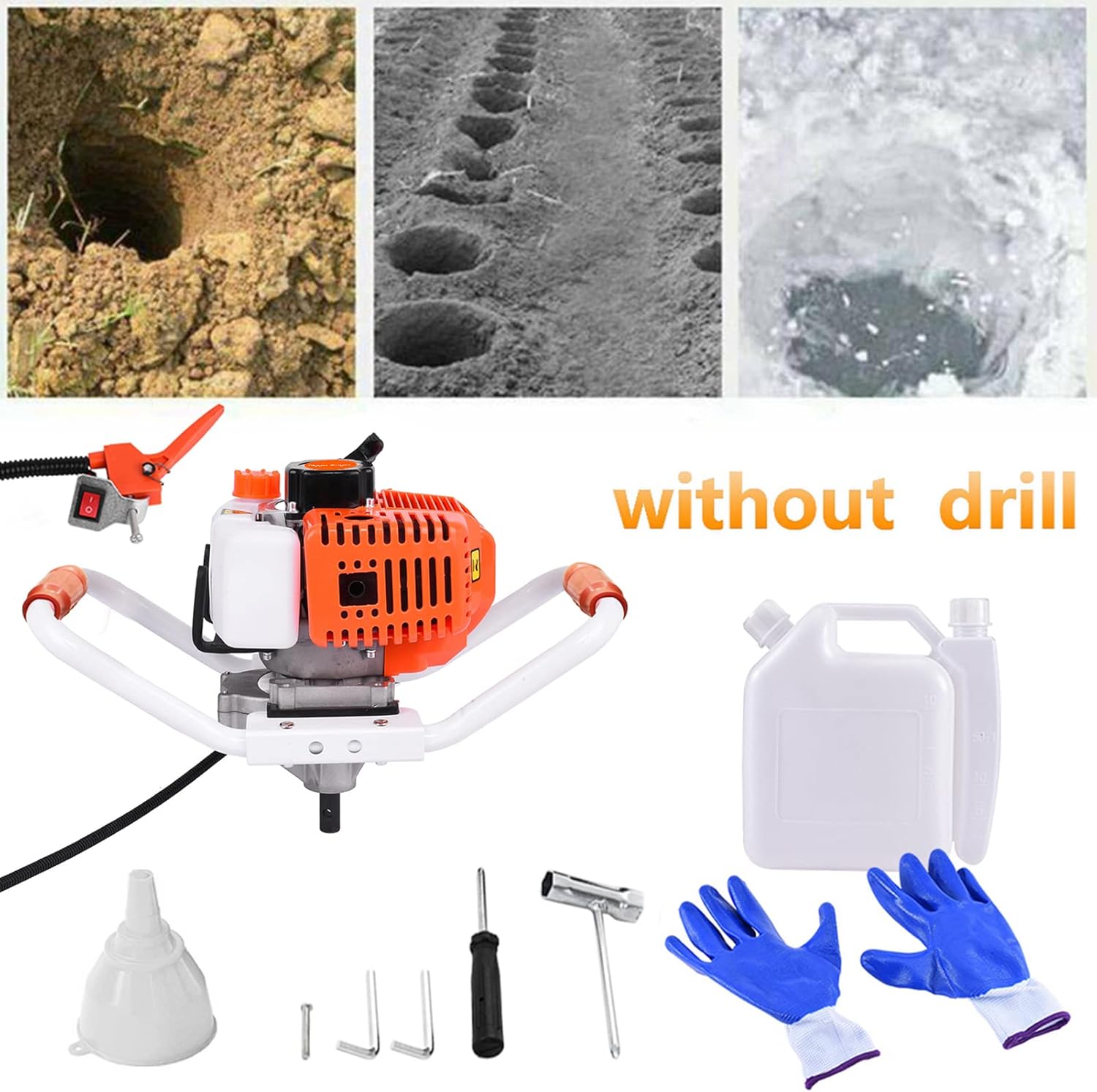 Post Hole Digger, High Efficient Low Voice Switch Control Post Hole Digger Without Drill Bit 63cc Gas Powered Cordless Earth Auger Digger Machine (Orange)
