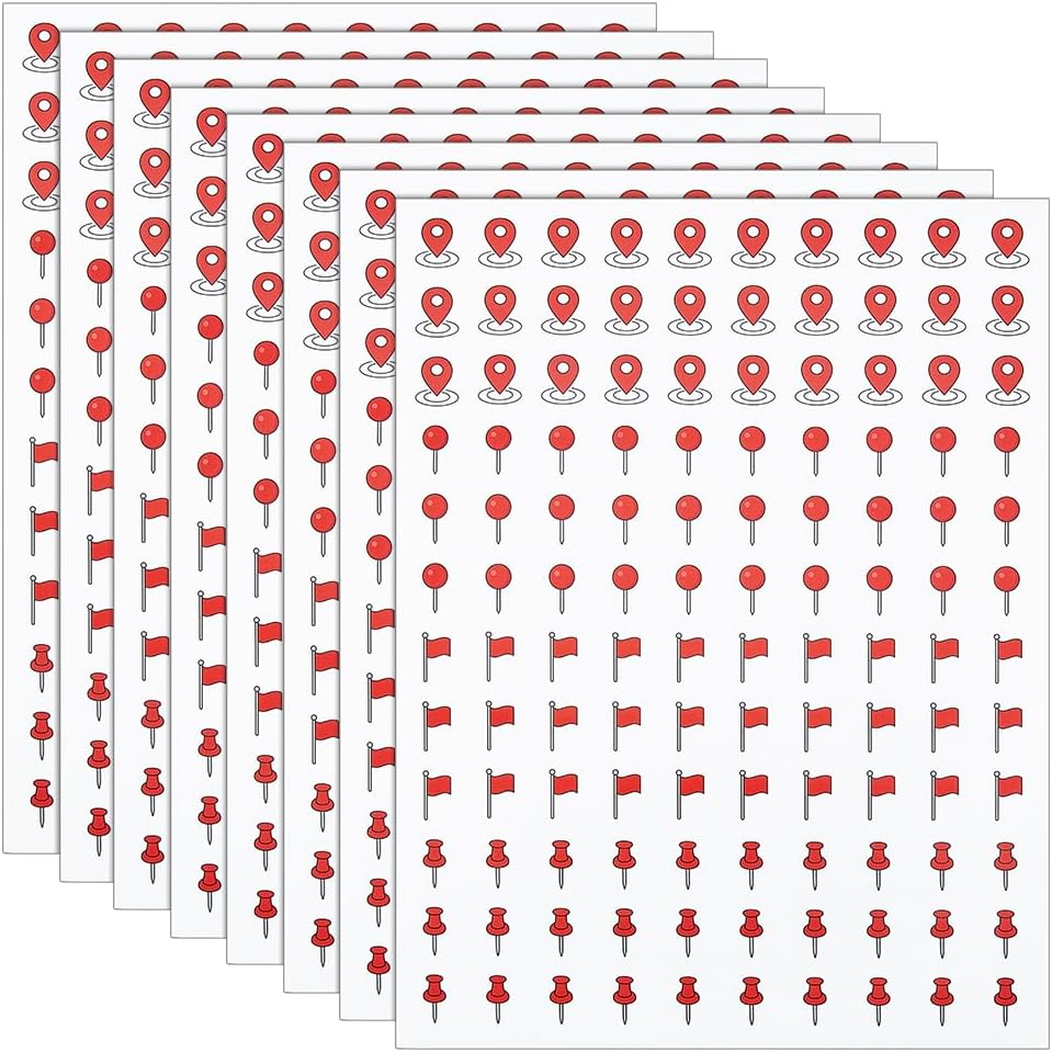 BENECREAT 960Pcs Map Location Stickers, Self Adhesive Indicator Labels, Map Pointer Stickers for Marking Camping Adventure Sites Travel Destinations Handmade Projects (Red)