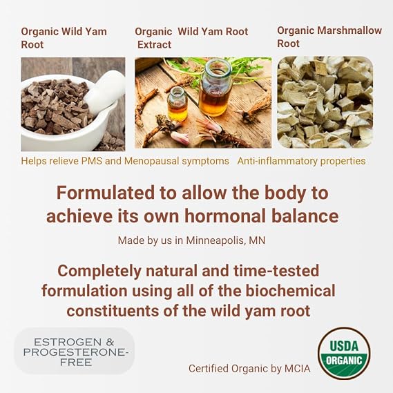 Indian Meadow Herbals Wild Yam Root Cream (2oz) - USDA Certified Organic Balancing Cream for PMS & Menopause Relief - Estrogen & Progesterone-Free. Woman-owned & Operated Since 1994.