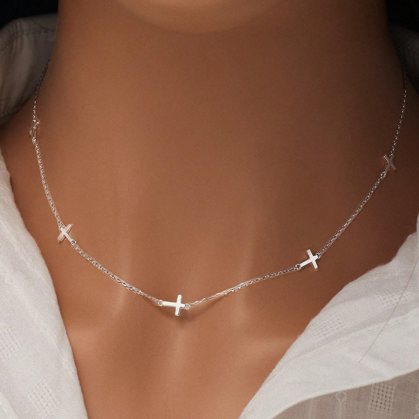 925 Sterling Silver Cross Necklace for Women Dainty CZ Horizontal Cross Pendant Necklaces Birthstone Charm Chain for Mom Sideway Crucifix Cross Faith Choker Necklace Valentine's Day Jewelry Gifts - Image 5