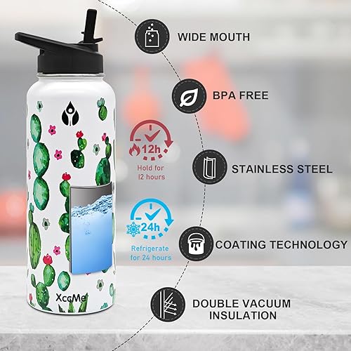 Miniatura 3 de XccMe Botella de agua aislada de cactus de 40 onzas, botellas de agua de doble pared de acero inoxidable, botella de agua de metal, botella de agua