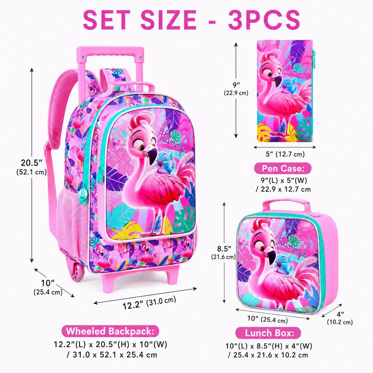 gxtvo Girls Rolling Backpack, Cute Flamingo Roller Wheels Kids Bookbag - Wheeled Elementary School Bag - 3PCS Flamingo image 4