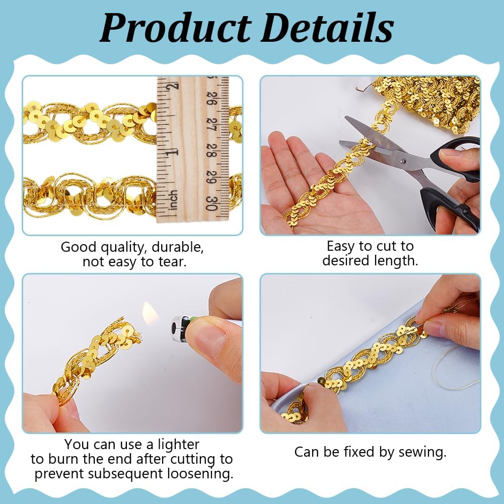 FINGERINSPIRE 15 Yards Sequins Wavy Lace Trim 3/4 inch Wide S Wave Sequin Braid Trim Strip Gold Wavy Lace Trim Ribbon with Paillettes Metallic Sewing Lace Ribbon for Crafts DIY Embellishments Costume