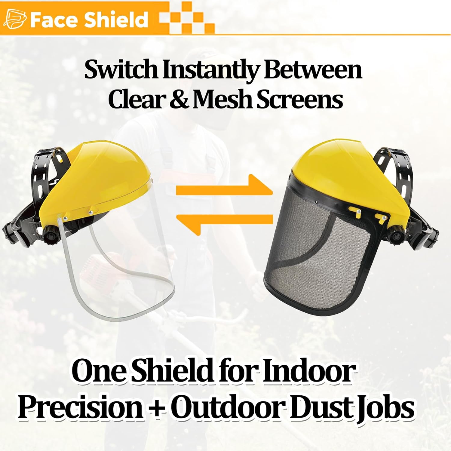 Face Shield, Full Face Safety Shield for Grinding & Cutting, ANSI Z87.1 Tested, Replaceable Clear & Mesh Visor, Adjustable Headgear for Woodworking, Chainsaw & Workshop Use
