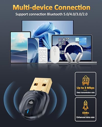 Miniatura 6 de ZEXMTE Adaptador Bluetooth USB 5.1 para PC, dongle Bluetooth para PC, señal estable de largo alcance de 164.0 ft164 pies, con antena FPC, Windows