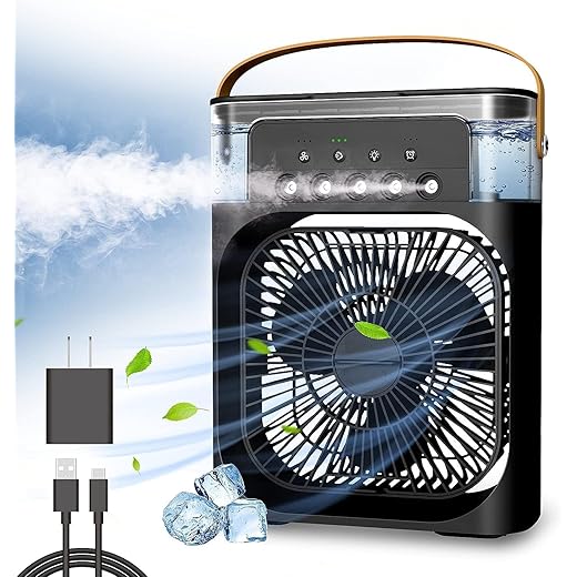 Enfogo (FIRST TIME IN EVER WITH LIFETIME REPLACEMENT WARRANTY) Elevate comfort with the Portable Air Conditioner Fan. This air fan features a 500 ml water tank with 7 colors LED light_M74_Multicolor
