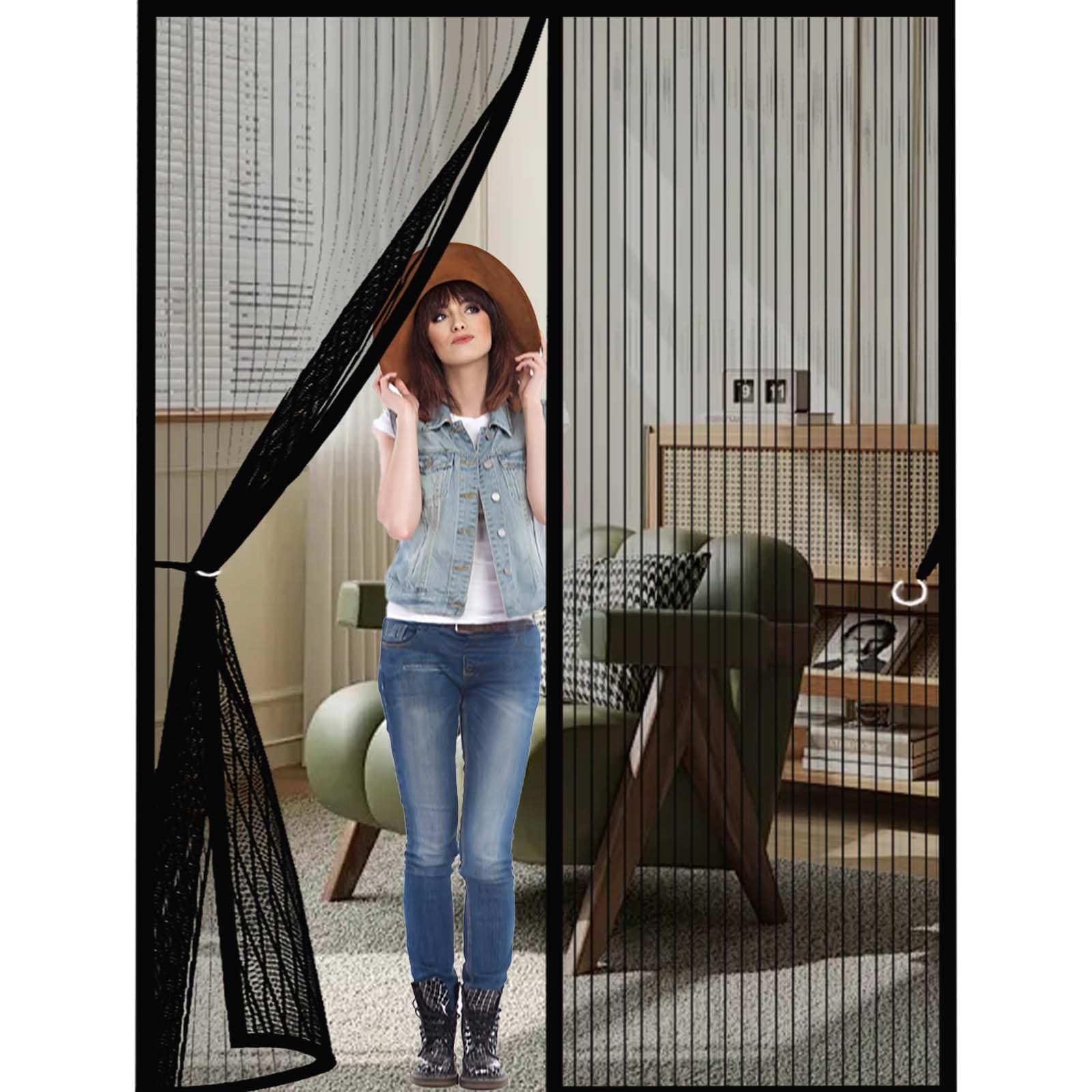 Feijdon Black Fly Screens For Doors 160 X 201 Cm Powerful Magnets And Full Frame Magic Tape, No Drill Installation Magnetic Door Curtains Fly Screen Lets Fresh Air In, Hundreds Of Sizes,