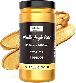 Nicpro Acrylic Paint Metallic Gold, 33.8oz/1000ml Large Gold Leaf Paint, Non Toxic, Non Fading for Art Painting, Handcrafts, Ideal for Multi-surface, Canvas, Wood, Clay, Fabric, Metal, Furniture