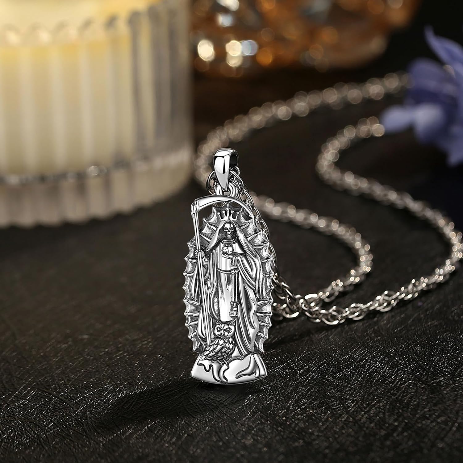 EUDORA S925 Sterling Silver Santa Muerte Necklace for Men Women, Vintage Santa Muerte Holy Death Pendant Skull Snake Memento Mori Amulet Skull Grim Reaper Jewelry Original Gifts for Mens Women