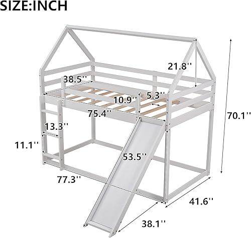 Miniatura 2 de P PURLOVE Litera individual sobre individual con tobogán para niños, adolescentes, litera baja de madera tamaño individual con techo para sala de