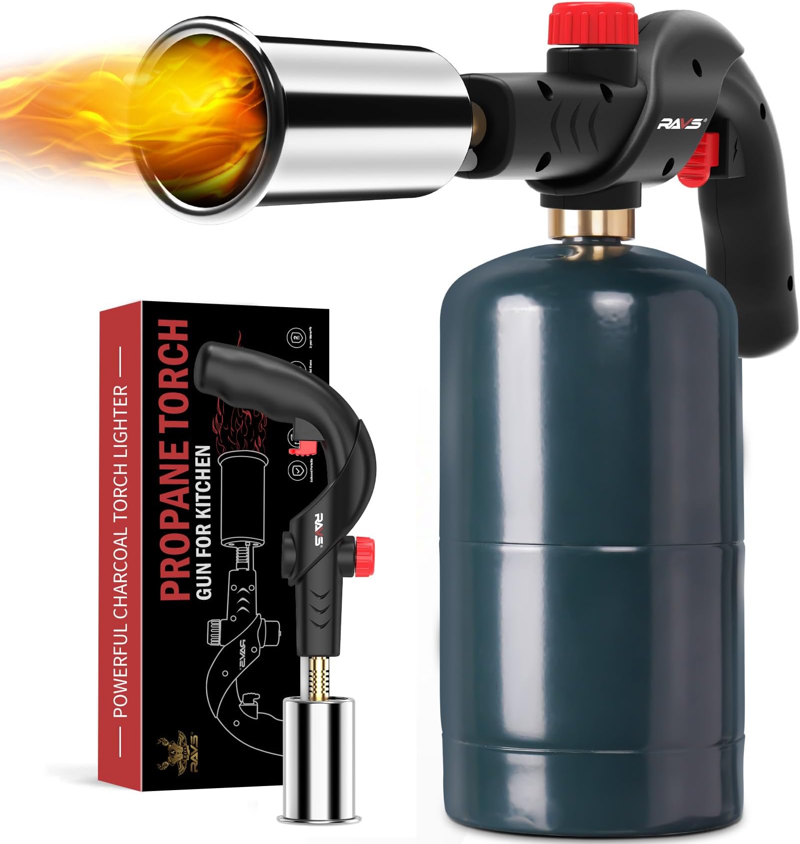 ravs Propane Cooking Torch, Adjustable Meat Searing Torch, Powerful Fire Starter Torch, Sous Vide Torch for Searing, Bbq, Creme Brulee, Grill Torch Charcoal Starter Gifts for Men -Fuel Not Included