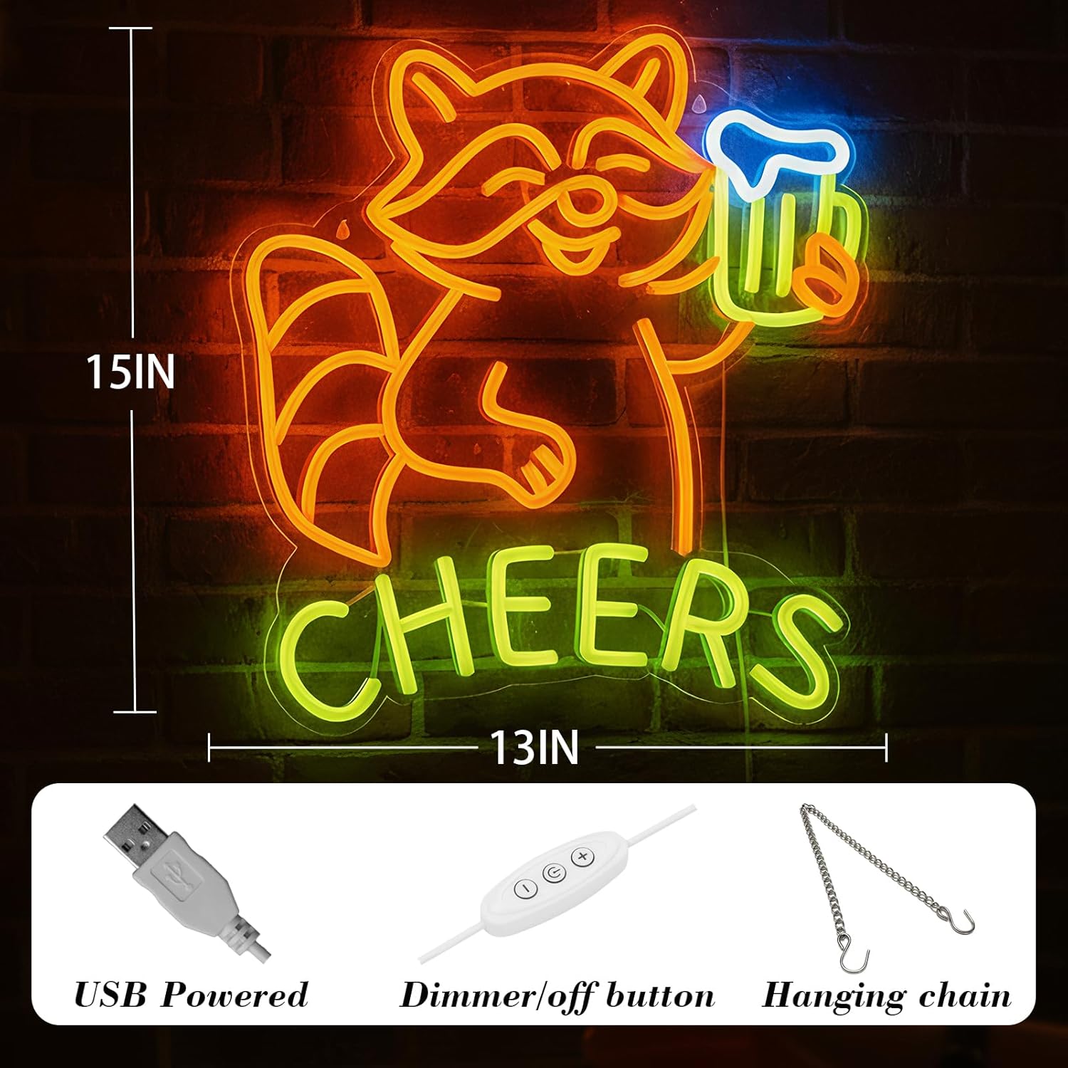 Raccoon Beer Neon Sign, Fun Animal LED Light for Bar Wall Decor, Dimmable Neon Sign for Man Cave, Bedroom, Game Room, or Home Bar, 15 x 13 inch - Image 2
