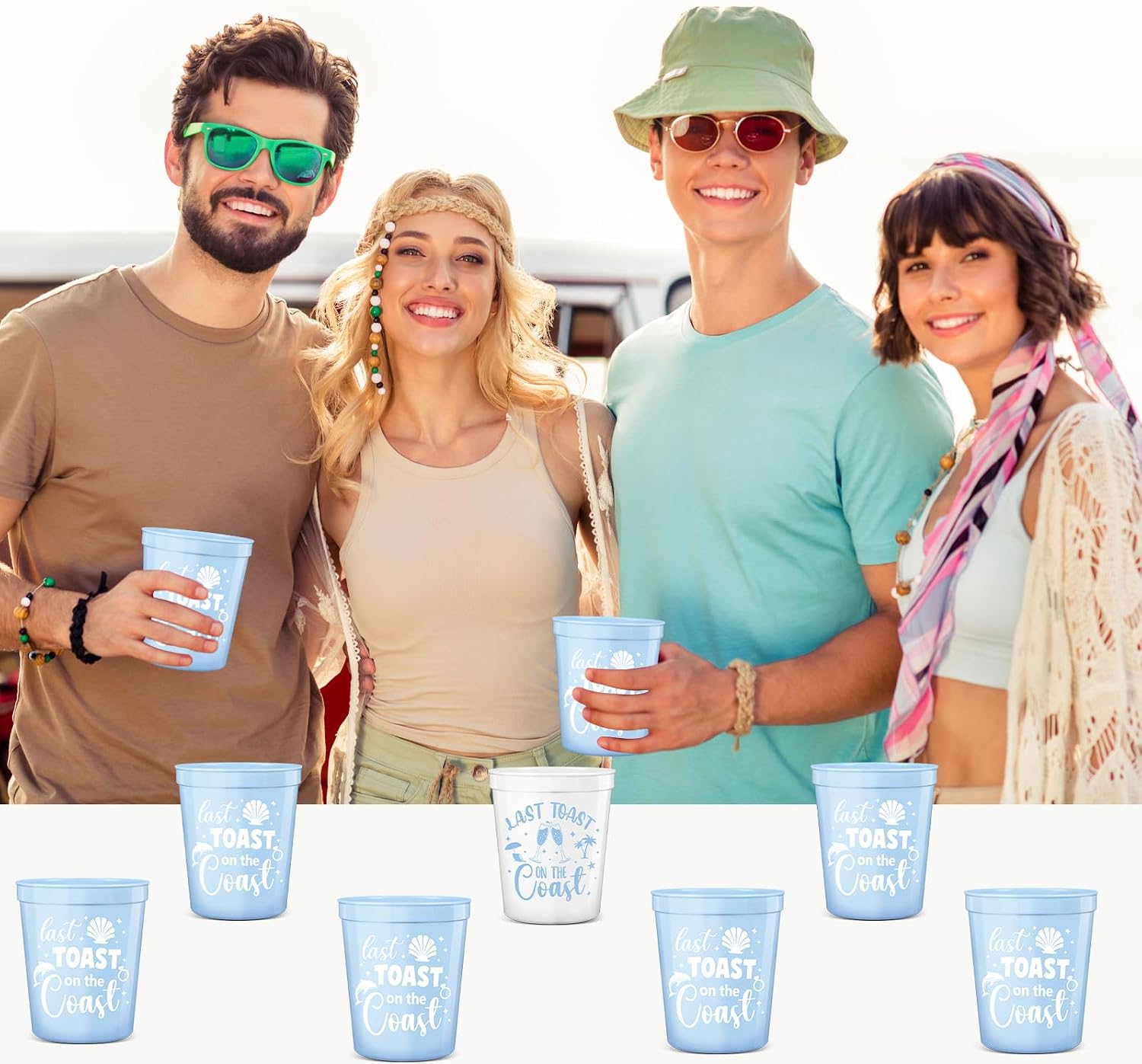 Justforjoyful 24Pcs Last Toast on the Coast Bachelorette Party Supplies Coastal Stadium Plastic Cup Reusable Blue Beach Pool Plastic Cup 12oz for Wedding Bachelorette Weekend Bridal Party Decor Favor