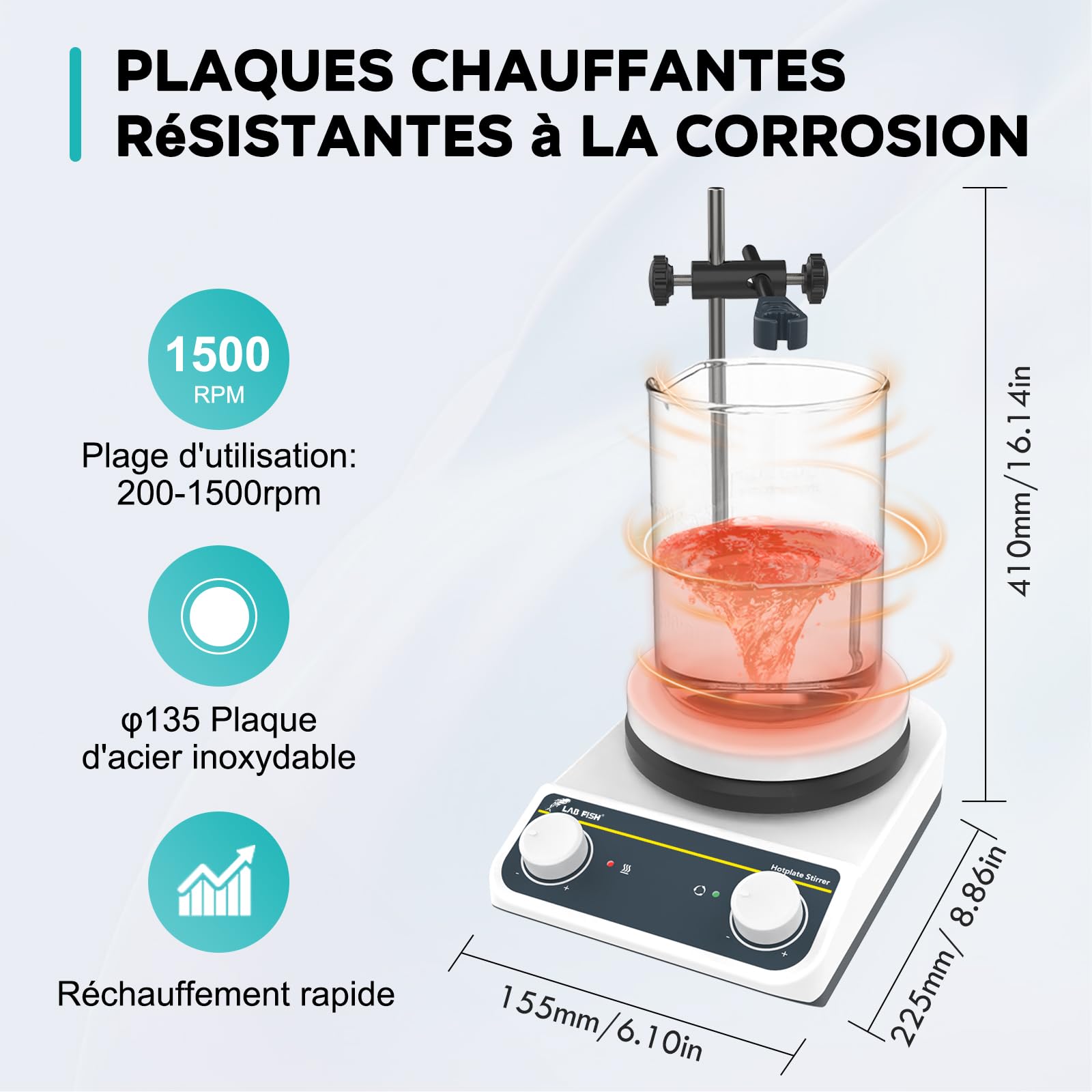 LAB FISH Agitateur Magnétique De Laboratoire Plaque Chauffante 260℃/ 500℉ 5 Pouces Capacité 3L Bouton De Contrôle 200-1500rpm & Barre D'Agitation(Non Numérique)