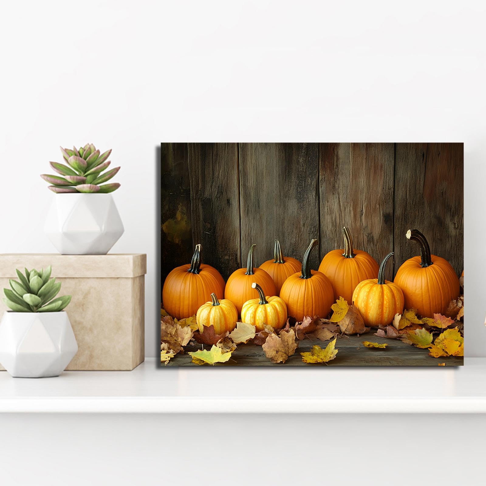 Jesień dynie Martwe liście Kuchnia Wydruki na płótnie Sztuka ścienna Rustykalny dom Farma Dekoracja ścienna Malarstwo do salonu Scena Żniwa 50x75cm Wewnętrzna rama