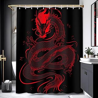 Dragon Shower Curtain Black and Red Japanese Bathroom Decor Set, Asian Cool Medieval Mens Boys Bath Waterproof Fabric with Hooks, 48x72 Inch