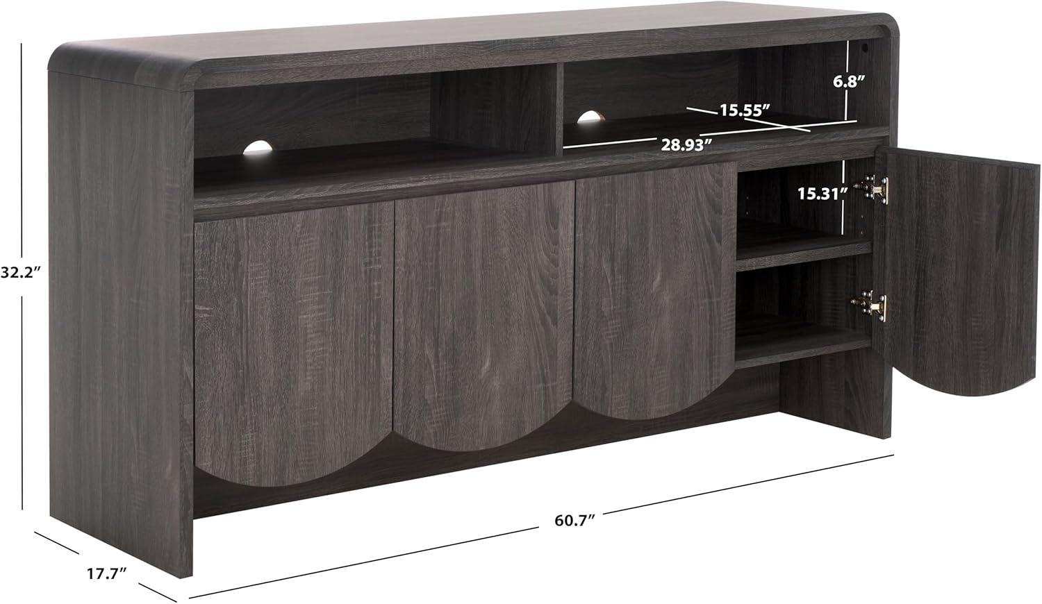 SAFAVIEH Narine TV Stand for up to 65" Flatscreen – Distressed Black, 4 Doors with Interior Storage, 2 Open Shelves, Sideboard Entertainment Media Console Cabinet (MED9620E)