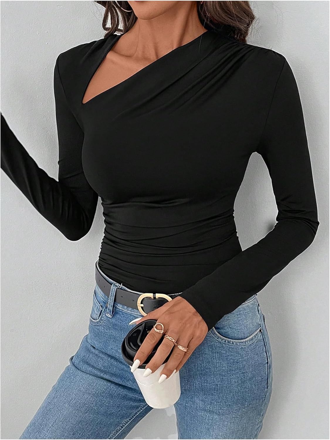 SHENHE Women's Fall Long Sleeve Slim Fitted Tee Shirt Asymmetrical Neck Fashion Going Out Top - Image 3