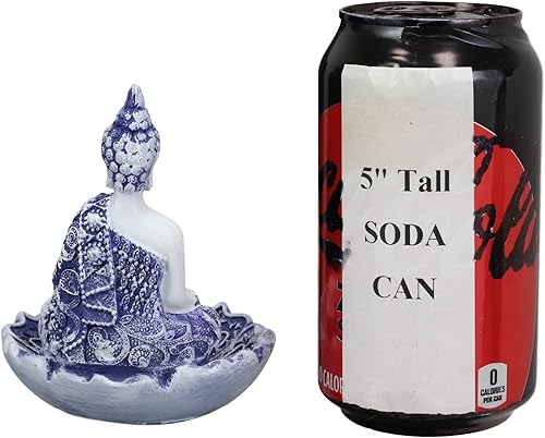 Vista 6 de Ebros Gift Bhumisparsha Mudra Buddha Amitabha Meditating by Padma Lotus Flower Inciense Holder Figurine in Terracotta Blue and White 4.25" High