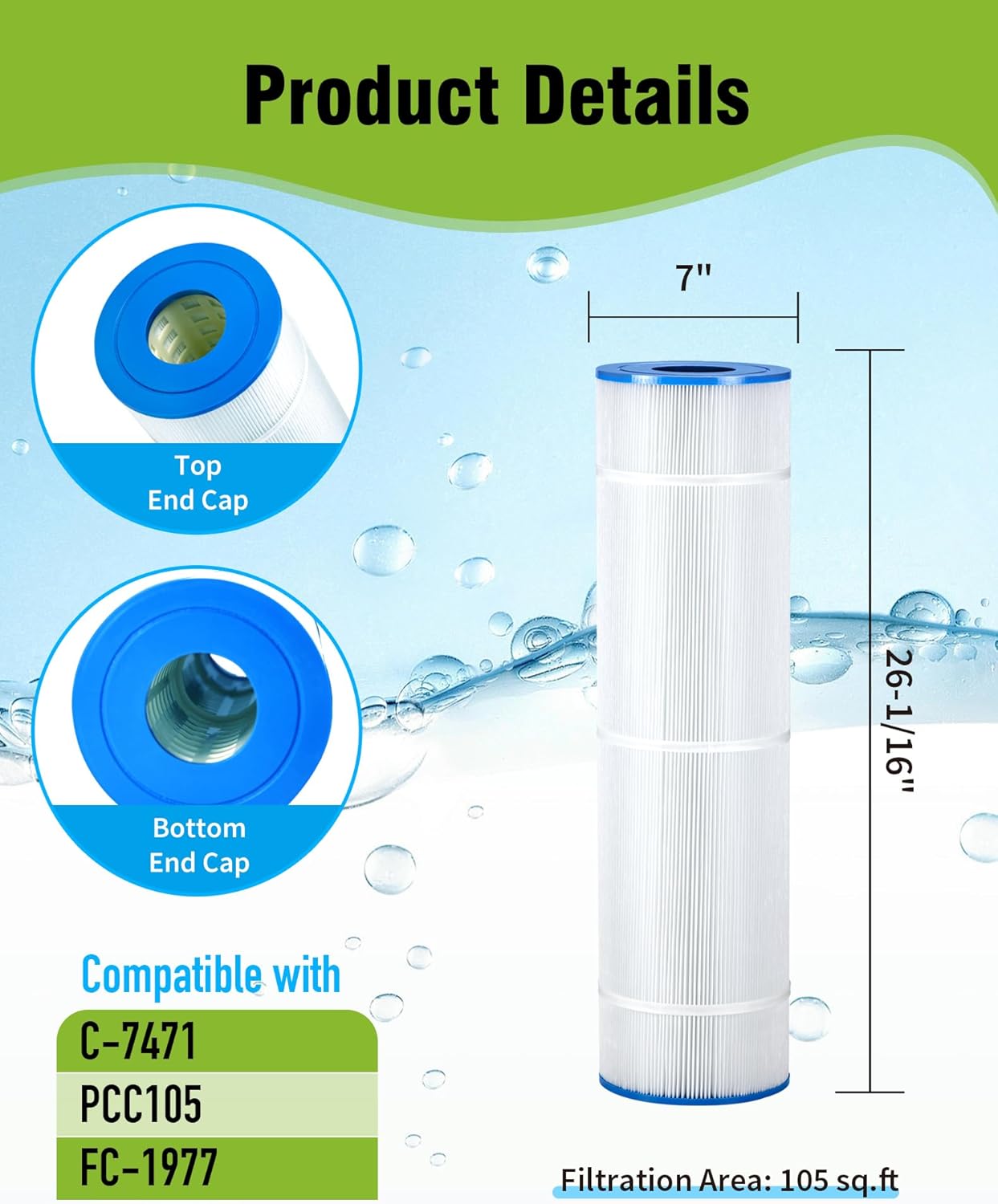 PCC105 Pool Filter Cartridge Replacement for Unicel C-7471, PCC105-PAK4, Pentair CCP420, Filbur FC-1977, R173576, 817-0106, 4 Packs Filters & 1 Pack O-Ring