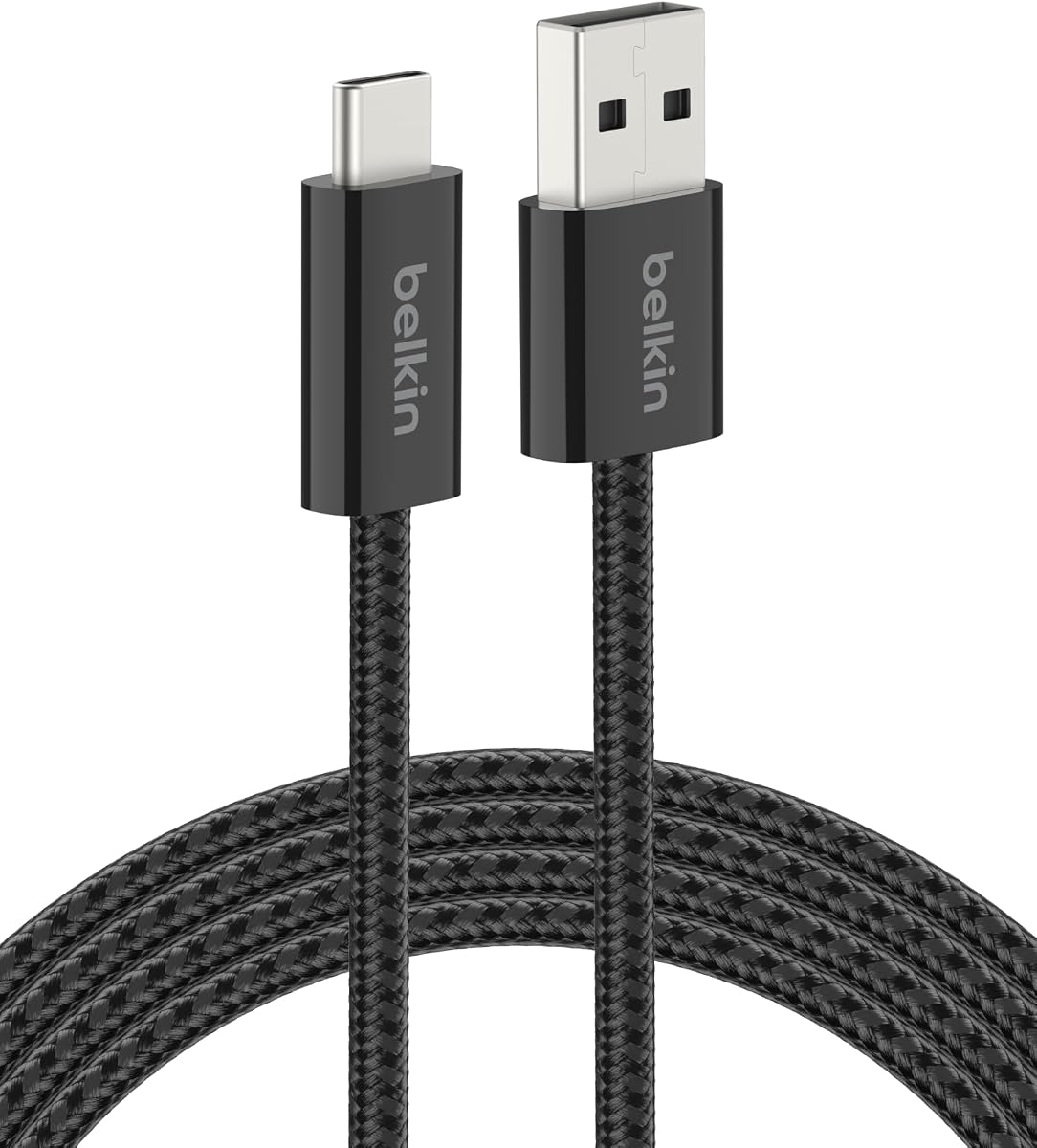 Belkin Cable trenzado USB A a USB C de 15 W Cable cargador para iPhone de 6,6 pies | iPhone 15/16/17, Samsung Galaxy S26, Pixel 10, Airpods, iPad, Nintendo Switch 2, Steam Deck, Viajes, Carplay, Cargador de coche