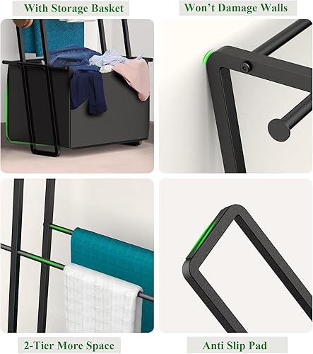 Miniatura 6 de Toallero de escalera para mantas con canasta, escalera inclinada de pared, toallero para mantas, estante de secado de mantas, escaleras de manta de