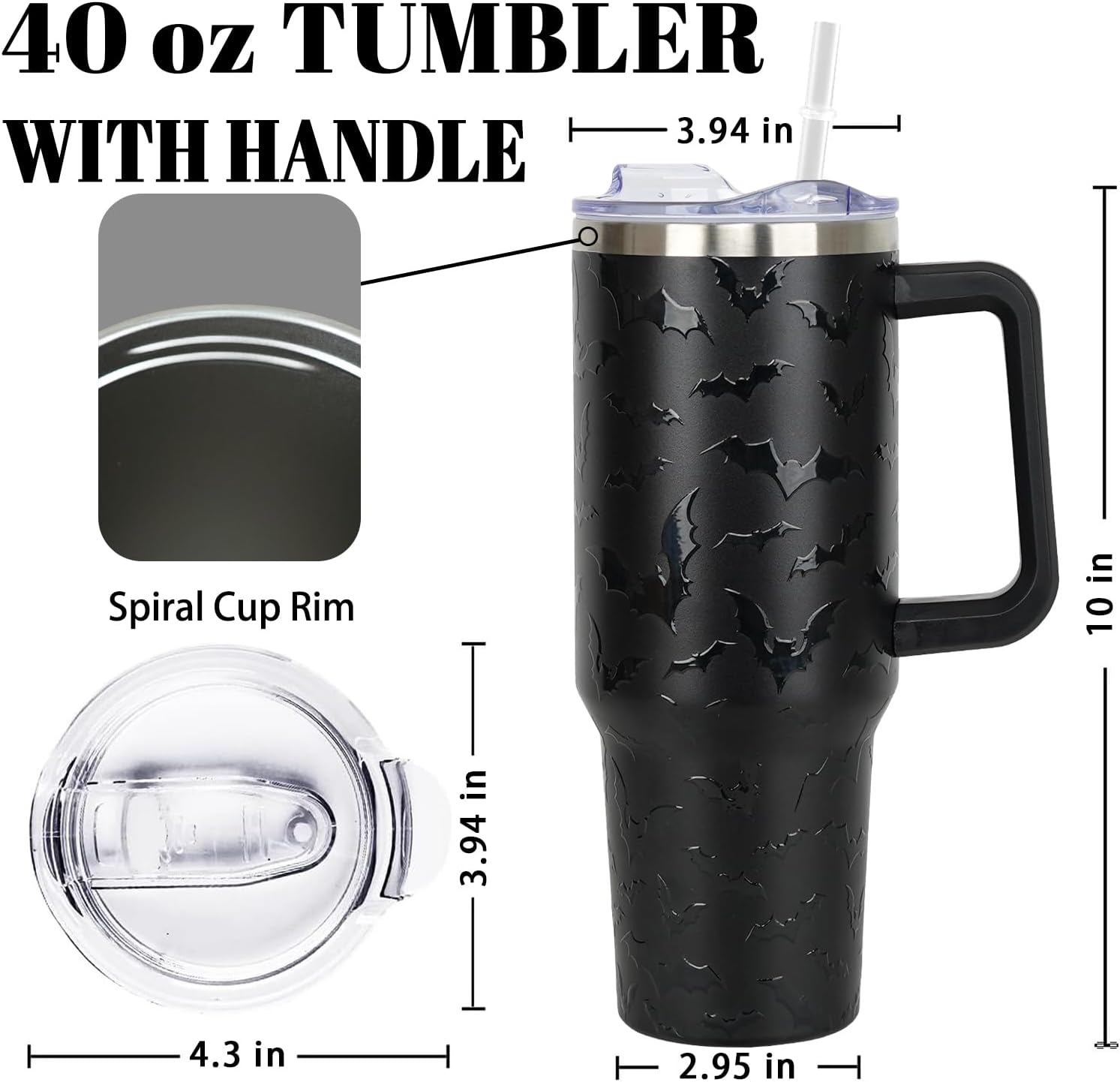40 oz Halloween Tumbler with Lid and Straw - 5D Bat Print Tumblers with Handle Halloween Stainless Steel Insulated Travel Cup Black Coffee Cups Gifts for Women Men Adults - Image 3
