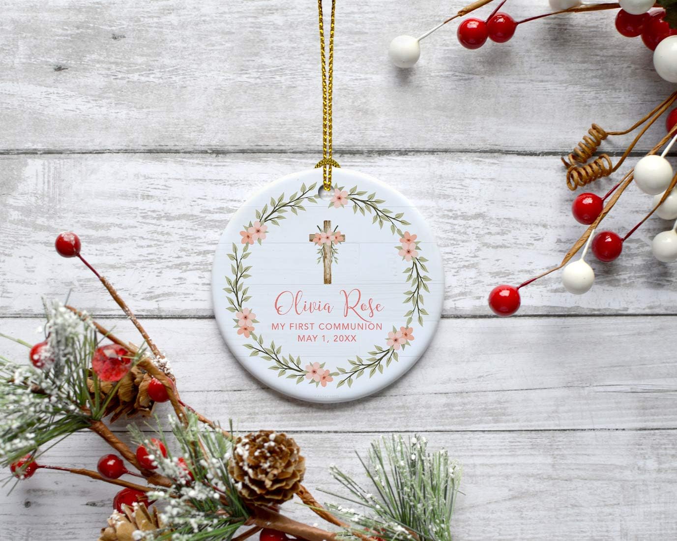 Andaz Press Personalized Round Ceramic Porcelain Christmas Tree Ornament Keepsake Collectible Gift, Olivia Rose Carter, My First Communion May 1, 2024, Peach Florals Greenery, 1-Pack