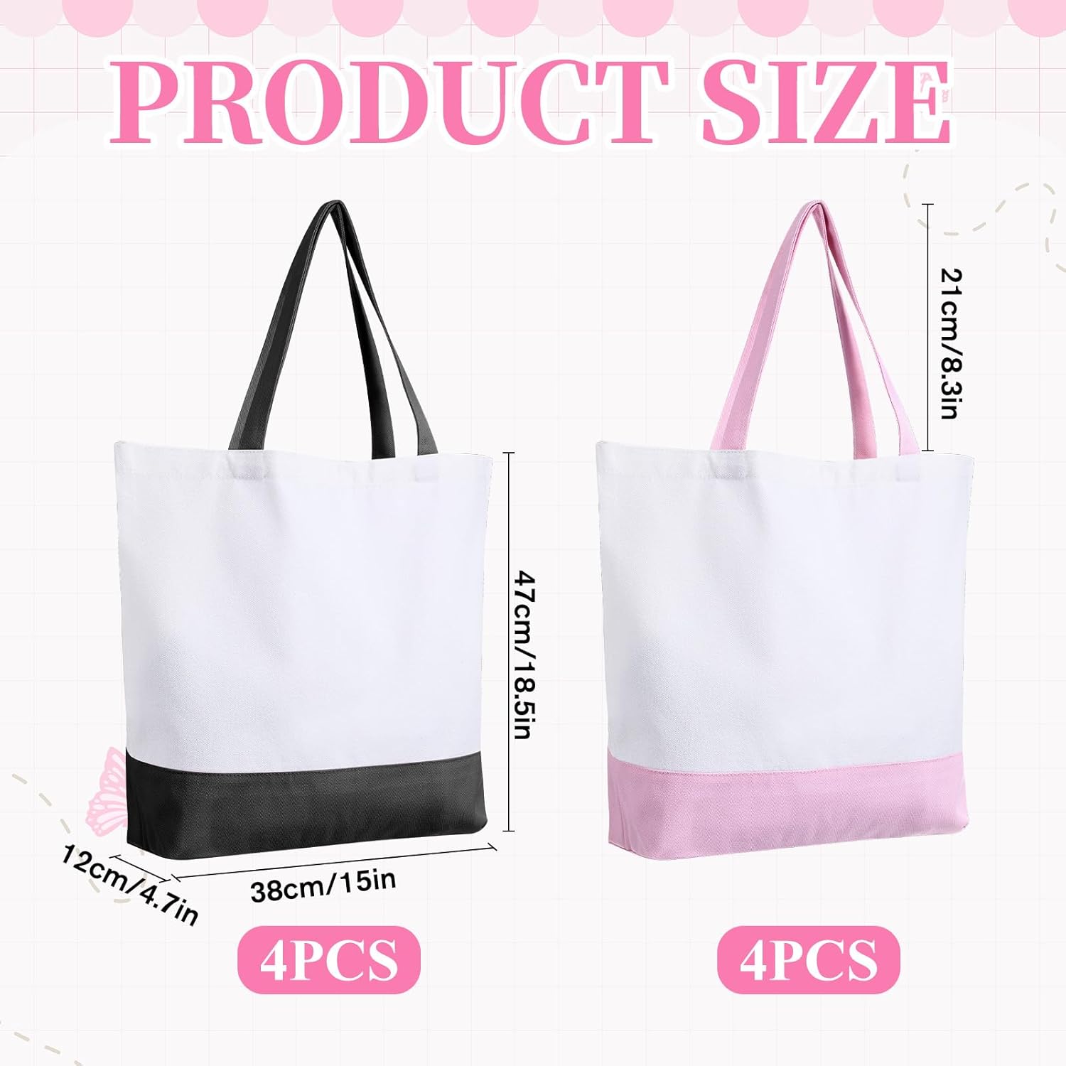 8 Pcs Large Canvas Tote Bags Bulk, Reusable Sublimation Bags with Handle Cotton Blank Washable Grocery Shopping Bag for DIY Crafting, Shopping, Travel, Birthday Gifts (Pink/Black) - Image 3